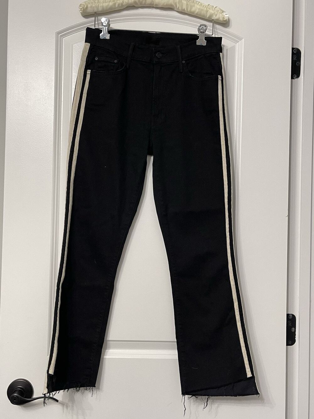 MOTHER Insider Crop Step Fray Jeans in Guilty Racer Black Side Stripe 28